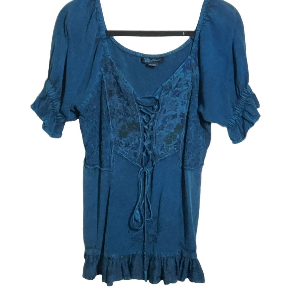 Flower Lace-Up Peasant Blouse Women Teal Free Size Rayon Ruffled Hem Top